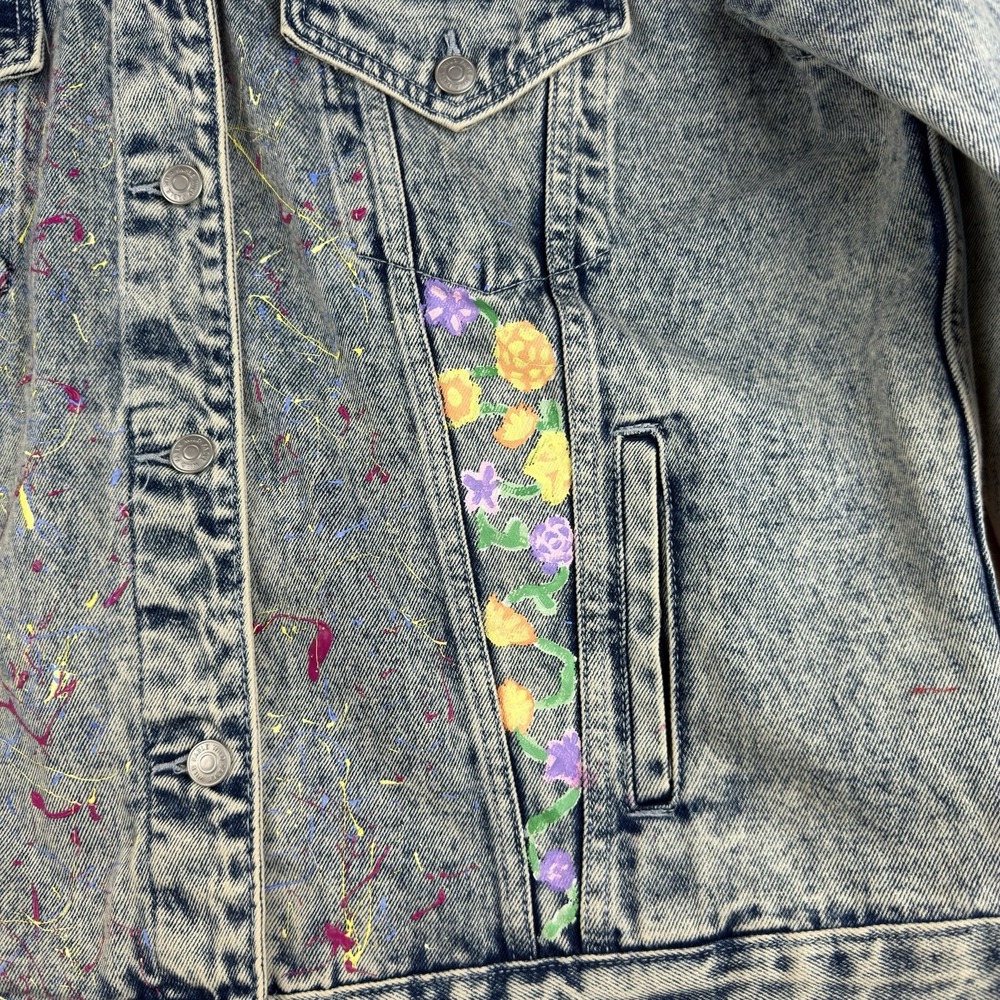 Wild Fable Denim Jacket Women L Acid Wash Palm Tree‎ Floral Painted Retro Art - Picture 10 of 16